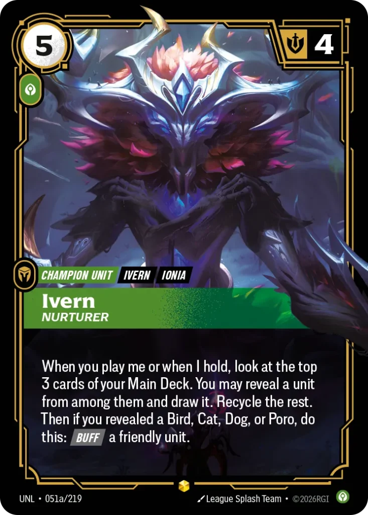 Karta Riftbound: Ivern - Nurturer (Alternate Art) — Unit, kolor Calm, dodatek Unleashed. Ilustracja: League Splash Team. Opis karty: When you play me or when I hold, look at the top 3 cards of your Main Deck. You may reveal a unit from amon
