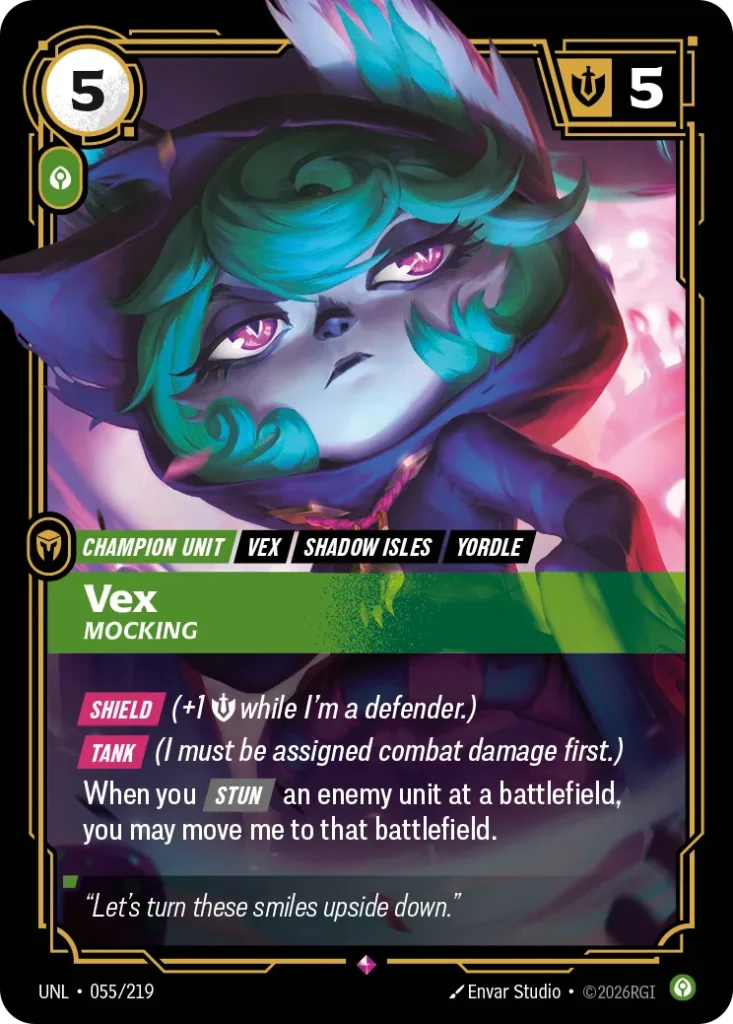 Karta Riftbound: Vex - Mocking — Unit, kolor Calm, dodatek Unleashed. Ilustracja: Envar Studio. Opis karty: Shield (+1 💪 while I'm a defender.) Tank (I must be assigned combat damage first.)When you Stun an enemy unit at a battlefield, you 