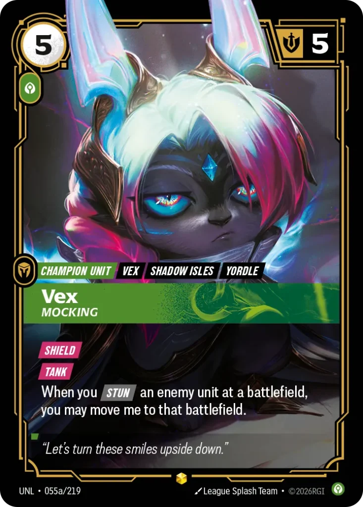 Karta Riftbound: Vex - Mocking (Alternate Art) — Unit, kolor Calm, dodatek Unleashed. Ilustracja: League Splash Team. Opis karty: Shield Tank When you Stun an enemy unit at a battlefield, you may move me to that battlefield.