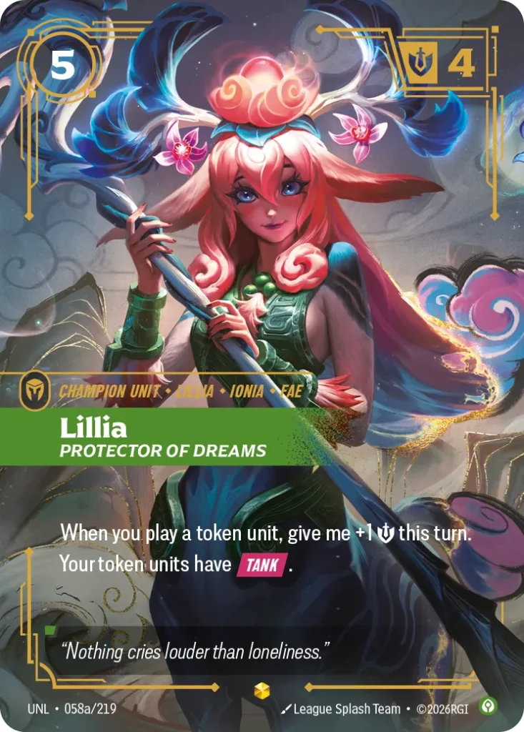 Karta Riftbound: Lillia - Protector of Dreams (Alternate Art) — Unit, kolor Calm, dodatek Unleashed. Ilustracja: League Splash Team. Opis karty: When you play a token unit, give me +1 💪 this turn.Your token units have Tank .