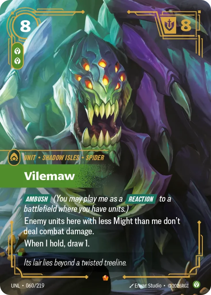 Karta Riftbound: Vilemaw — Unit, kolor Calm, dodatek Unleashed. Ilustracja: Envar Studio. Opis karty: Ambush (You may play me as a Reaction to a battlefield where you have units.)Enemy units here with less Might than me don't deal combat da