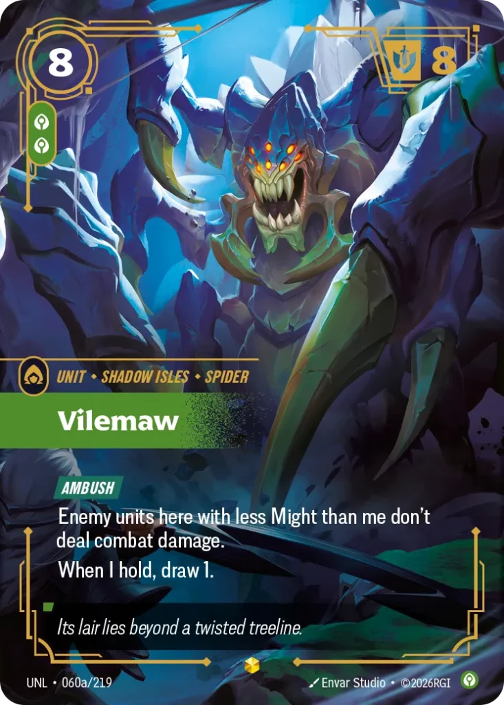 Karta Riftbound: Vilemaw (Alternate Art) — Unit, kolor Calm, dodatek Unleashed. Ilustracja: Envar Studio. Opis karty: Ambush Enemy units here with less Might than me don't deal combat damage.When I hold, draw 1.