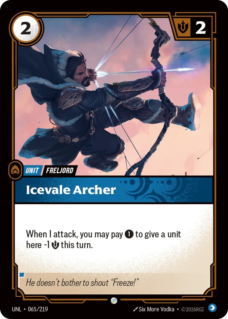 Karta Riftbound: Icevale Archer — Unit, kolor Mind, dodatek Unleashed. Ilustracja: Six More Vodka. Opis karty: When I attack, you may pay 1⚡ to give a unit here -1 💪 this turn.