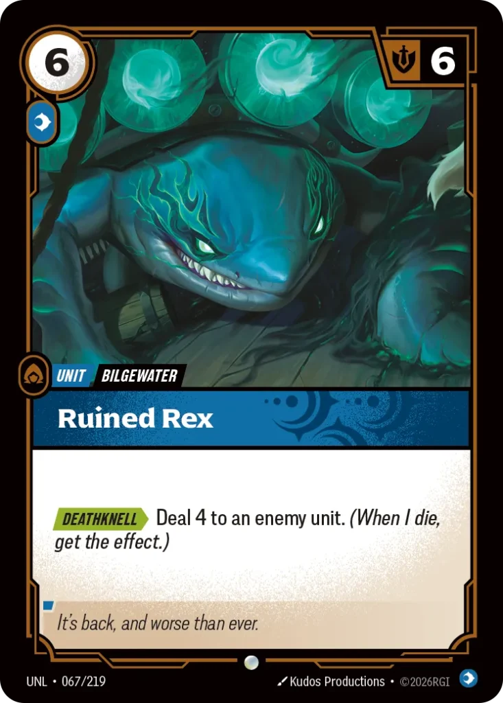 Karta Riftbound: Ruined Rex — Unit, kolor Mind, dodatek Unleashed. Ilustracja: Kudos Productions. Opis karty: Deathknell > Deal 4 to an enemy unit. (When I die, get the effect.)