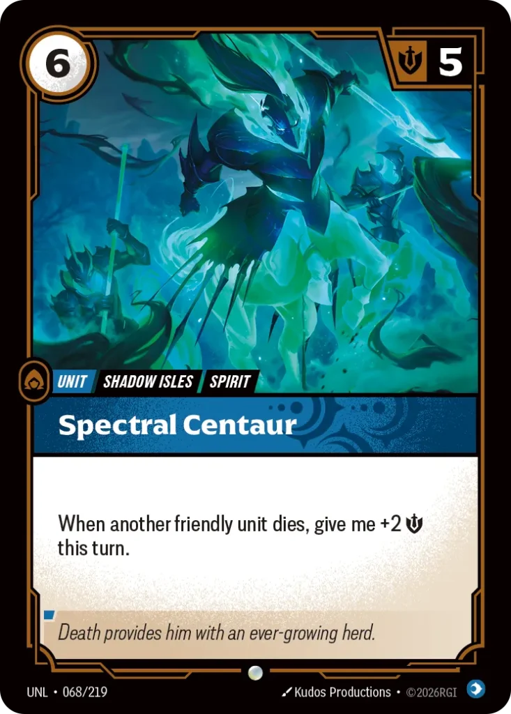 Karta Riftbound: Spectral Centaur — Unit, kolor Mind, dodatek Unleashed. Ilustracja: Kudos Productions. Opis karty: When another friendly unit dies, give me +2 💪 this turn.
