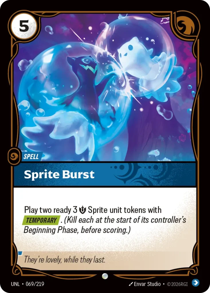 Karta Riftbound: Sprite Burst — Spell, kolor Mind, dodatek Unleashed. Ilustracja: Envar Studio. Opis karty: Play two ready 3 💪 Sprite unit tokens with Temporary . (Kill each at the start of its controller's Beginning Phase, before scoring.)