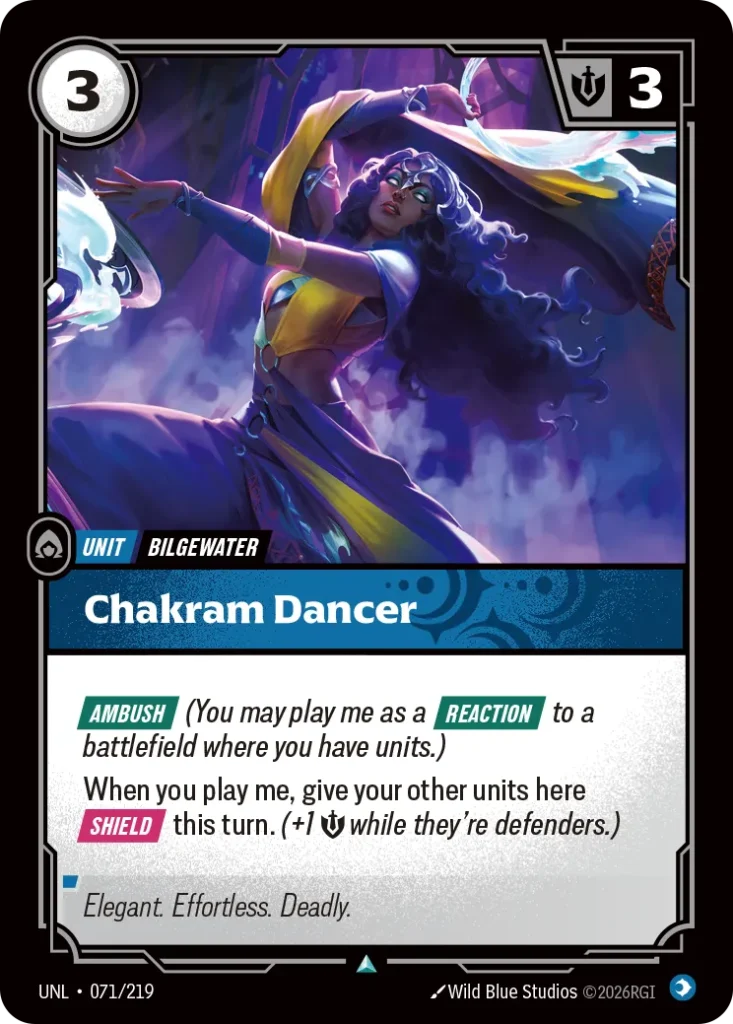 Karta Riftbound: Chakram Dancer — Unit, kolor Mind, dodatek Unleashed. Ilustracja: Wild Blue Studios. Opis karty: Ambush (You may play me as a Reaction to a battlefield where you have units.)When you play me, give your other units here Shie