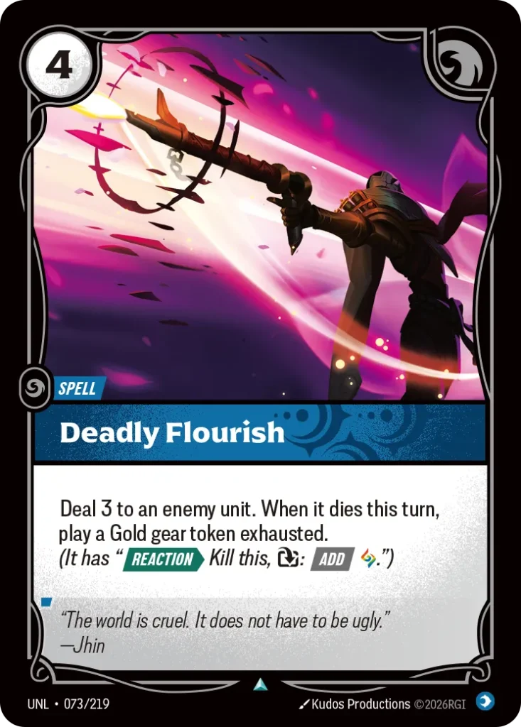 Karta Riftbound: Deadly Flourish — Spell, kolor Mind, dodatek Unleashed. Ilustracja: Kudos Productions. Opis karty: Deal 3 to an enemy unit. When it dies this turn, play a Gold gear token exhausted. (It has " Reaction > Kill this, :