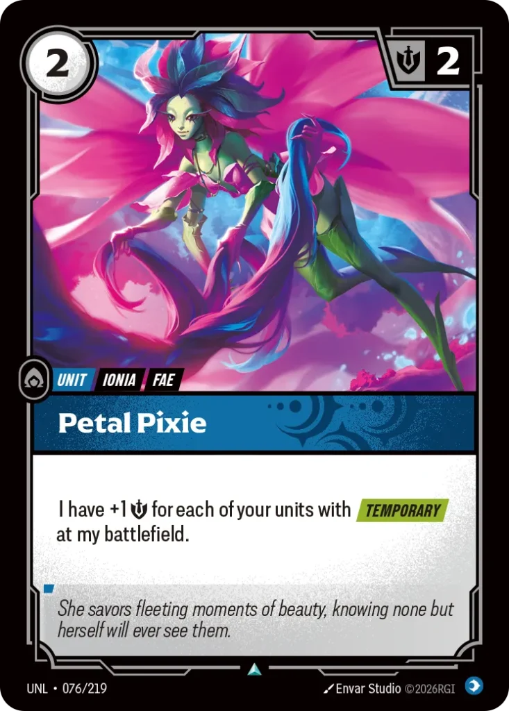 Karta Riftbound: Petal Pixie — Unit, kolor Mind, dodatek Unleashed. Ilustracja: Envar Studio. Opis karty: I have +1 💪 for each of your units with Temporary at my battlefield.