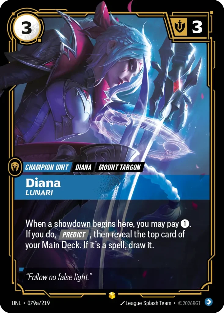 Karta Riftbound: Diana - Lunari (Alternate Art) — Unit, kolor Mind, dodatek Unleashed. Ilustracja: League Splash Team. Opis karty: When a showdown begins here, you may pay 1⚡. If you do, Predict , then reveal the top card of your Main Deck.