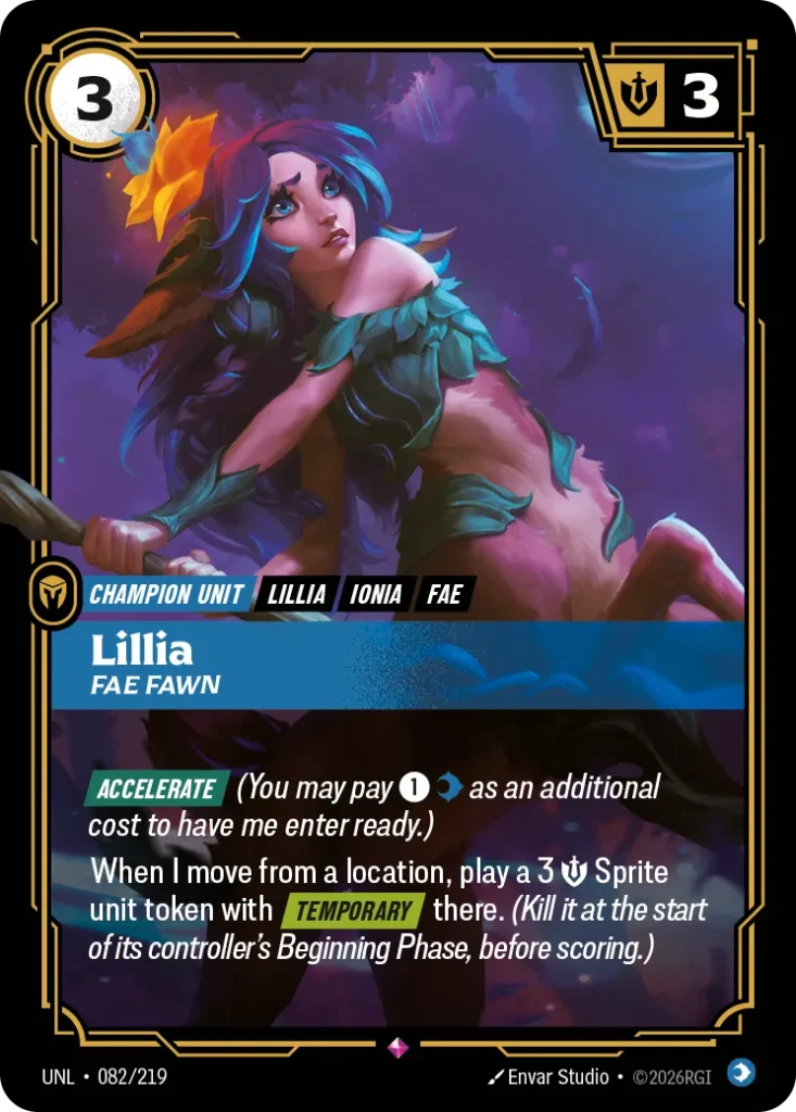 Karta Riftbound: Lillia - Fae Fawn — Unit, kolor Mind, dodatek Unleashed. Ilustracja: Envar Studio. Opis karty: Accelerate (You may pay 1⚡ as an additional cost to have me enter ready.)When I move from a location, play a 3 💪 Sprite unit tok