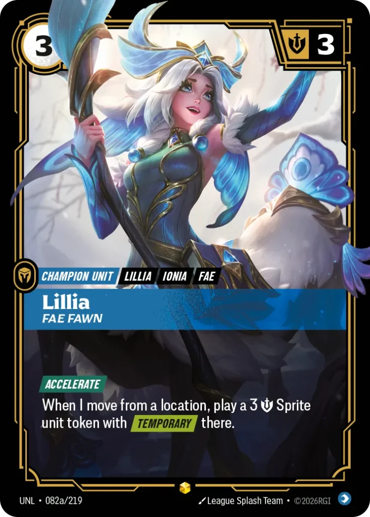 Karta Riftbound: Lillia - Fae Fawn (Alternate Art) — Unit, kolor Mind, dodatek Unleashed. Ilustracja: League Splash Team. Opis karty: Accelerate When I move from a location, play a 3 💪 Sprite unit token with Temporary there.