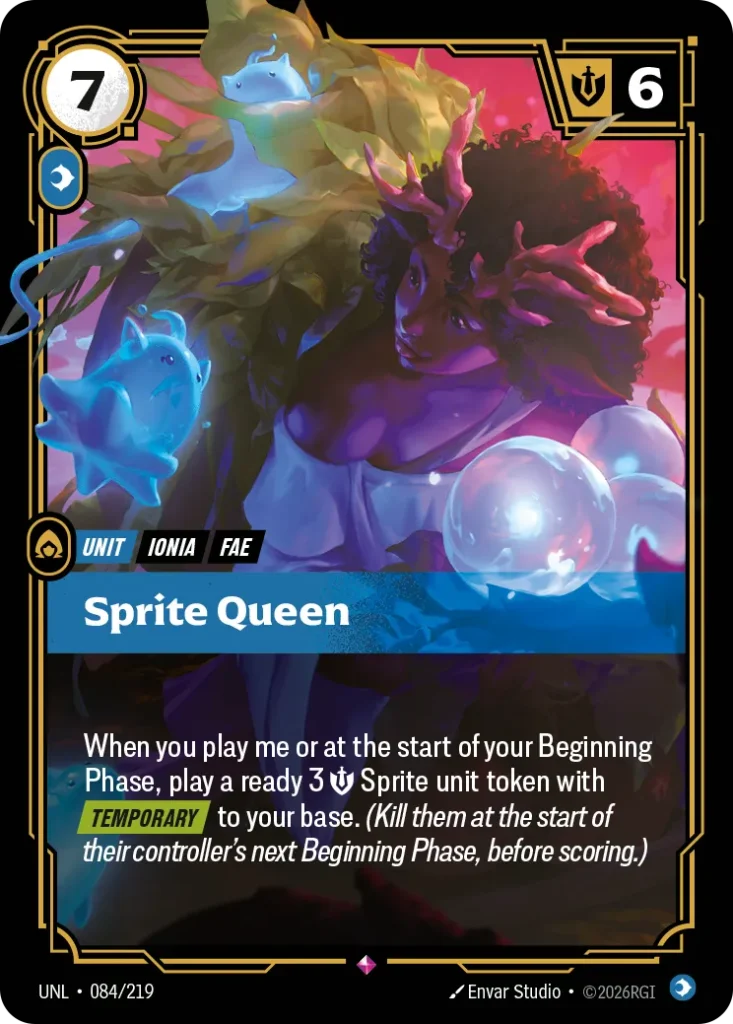 Karta Riftbound: Sprite Queen — Unit, kolor Mind, dodatek Unleashed. Ilustracja: Envar Studio. Opis karty: When you play me or at the start of your Beginning Phase, play a ready 3 💪 Sprite unit token with Temporary to your base. (Kill them 