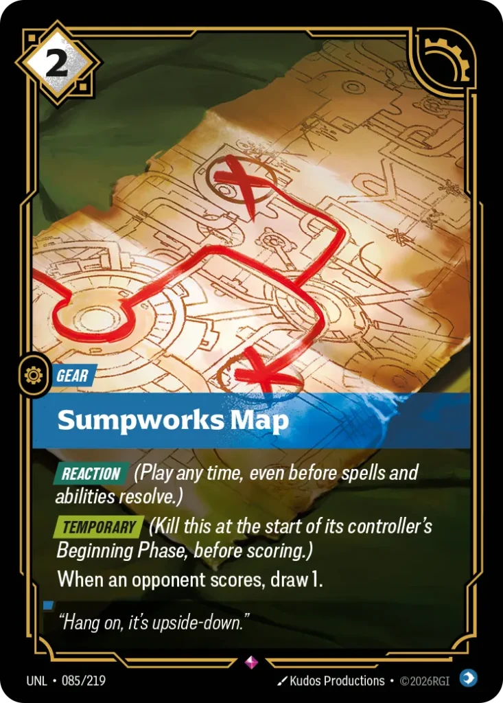 Karta Riftbound: Sumpworks Map — Gear, kolor Mind, dodatek Unleashed. Ilustracja: Kudos Productions. Opis karty: Reaction (Play any time, even before spells and abilities resolve.) Temporary (Kill this at the start of its controller's Begin