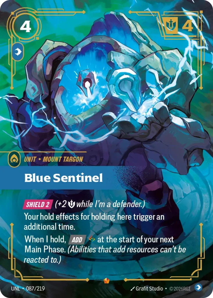 Karta Riftbound: Blue Sentinel — Unit, kolor Mind, dodatek Unleashed. Ilustracja: Grafit Studio. Opis karty: Shield 2 (+2 💪 while I'm a defender.)Your hold effects for holding here trigger an additional time.When I hold, Add at the start of