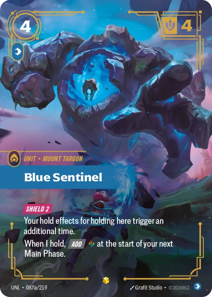 Karta Riftbound: Blue Sentinel (Alternate Art) — Unit, kolor Mind, dodatek Unleashed. Ilustracja: Grafit Studio. Opis karty: Shield 2 Your hold effects for holding here trigger an additional time.When I hold, Add at the start of your next M