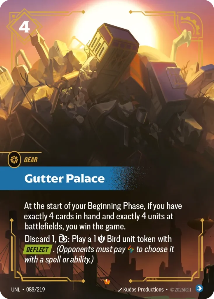 Karta Riftbound: Gutter Palace — Gear, kolor Mind, dodatek Unleashed. Ilustracja: Kudos Productions. Opis karty: At the start of your Beginning Phase, if you have exactly 4 cards in hand and exactly 4 units at battlefields, you win the game