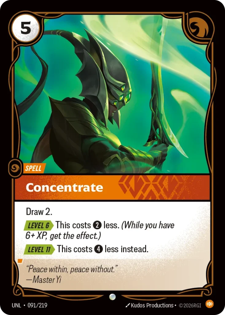Karta Riftbound: Concentrate — Spell, kolor Body, dodatek Unleashed. Ilustracja: Kudos Productions & 黯荧岛Dark Glow. Opis karty: Draw 2. Level 6 > This costs 2⚡ less. (While you have 6+ XP, get the effect.) Level 11 > This costs 4⚡ less