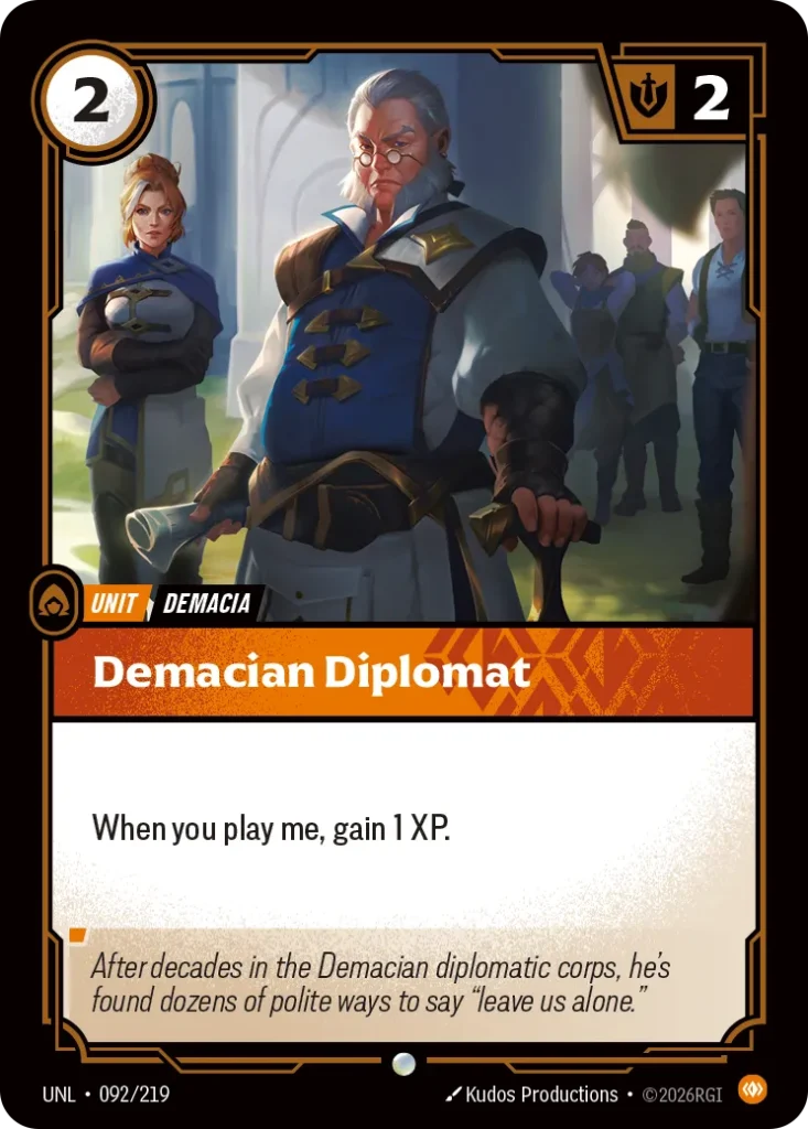 Karta Riftbound: Demacian Diplomat — Unit, kolor Body, dodatek Unleashed. Ilustracja: Kudos Productions. Opis karty: When you play me, gain 1 XP.