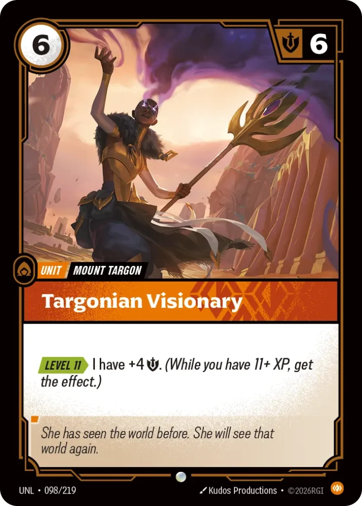 Karta Riftbound: Targonian Visionary — Unit, kolor Body, dodatek Unleashed. Ilustracja: Kudos Productions. Opis karty: Level 11 > I have +4 💪. (While you have 11+ XP, get the effect.)