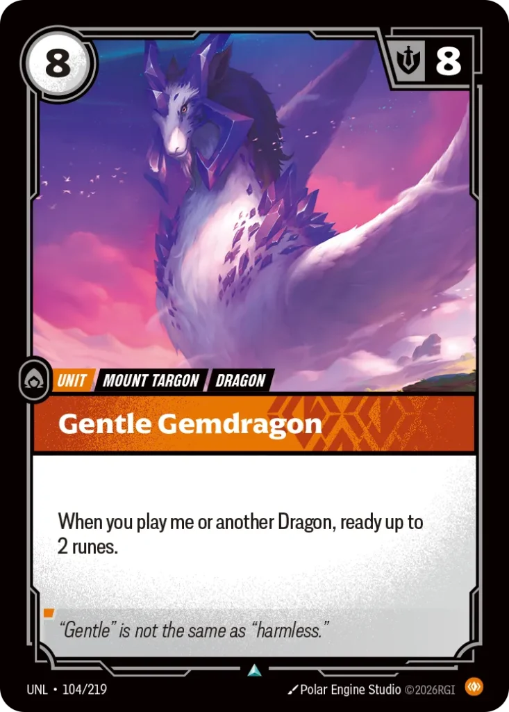 Karta Riftbound: Gentle Gemdragon — Unit, kolor Body, dodatek Unleashed. Ilustracja: Polar Engine Studio. Opis karty: When you play me or another Dragon, ready up to 2 runes.