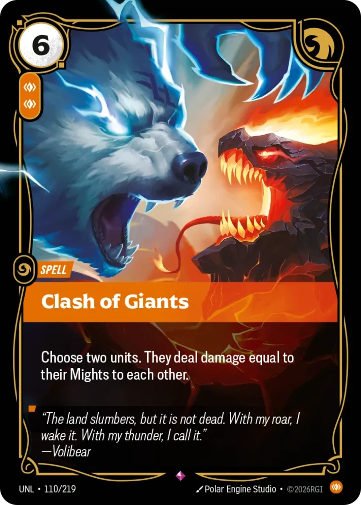 Karta Riftbound: Clash of Giants — Spell, kolor Body, dodatek Unleashed. Ilustracja: Polar Engine Studio. Opis karty: Choose two units. They deal damage equal to their Mights to each other.