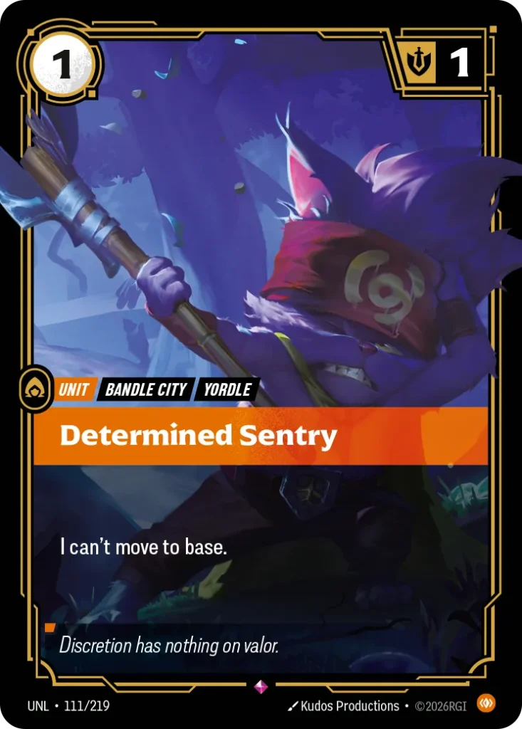 Karta Riftbound: Determined Sentry — Unit, kolor Body, dodatek Unleashed. Ilustracja: Kudos Productions. Opis karty: I can't move to base.