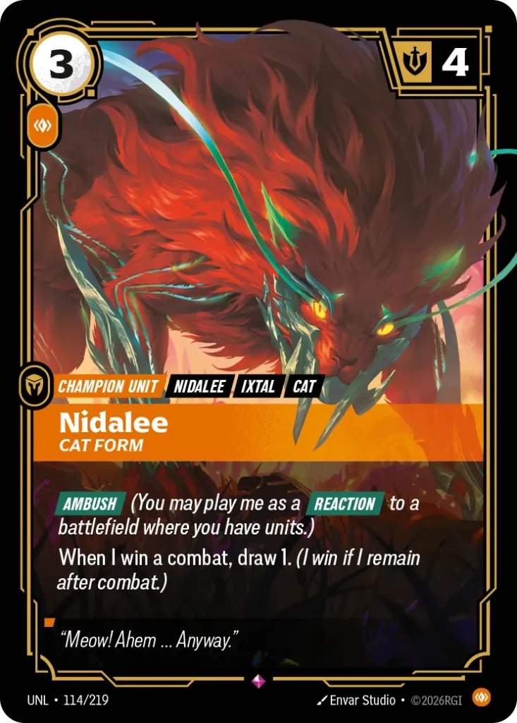 Karta Riftbound: Nidalee - Cat Form — Unit, kolor Body, dodatek Unleashed. Ilustracja: Envar Studio. Opis karty: Ambush (You may play me as a Reaction to a battlefield where you have units.)When I win a combat, draw 1. (I win if I remain af