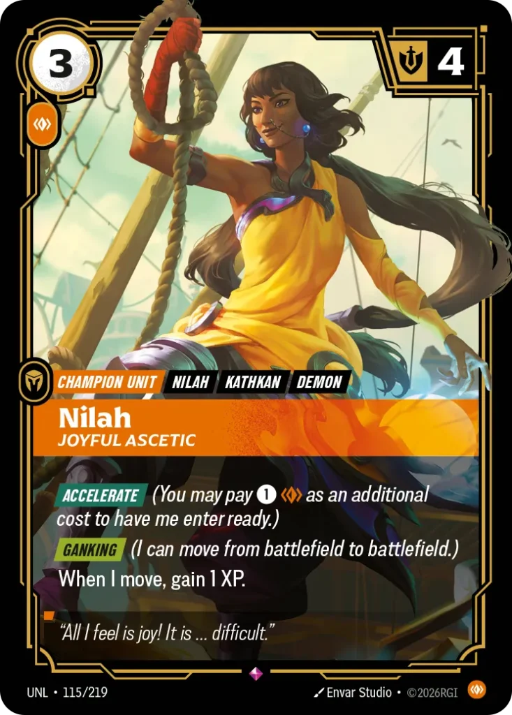 Karta Riftbound: Nilah - Joyful Ascetic — Unit, kolor Body, dodatek Unleashed. Ilustracja: Envar Studio. Opis karty: Accelerate (You may pay 1⚡ as an additional cost to have me enter ready.) Ganking (I can move from battlefield to battlefie