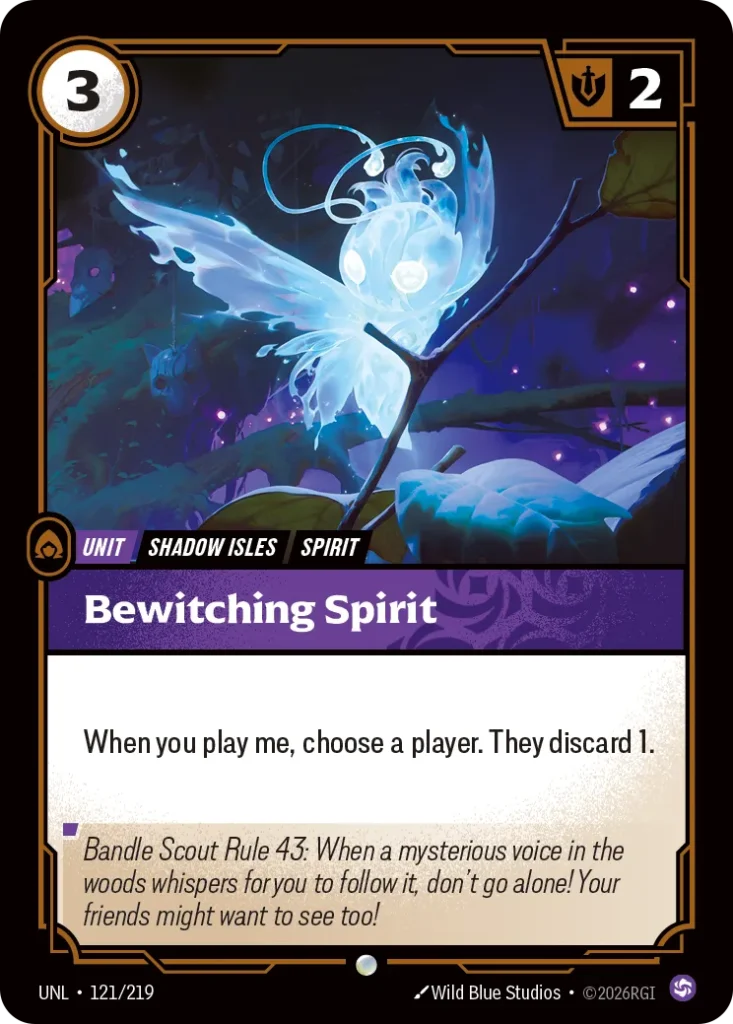 Karta Riftbound: Bewitching Spirit — Unit, kolor Chaos, dodatek Unleashed. Ilustracja: Wild Blue Studios. Opis karty: When you play me, choose a player. They discard 1.