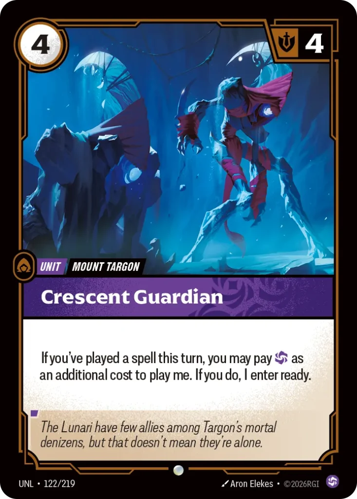 Karta Riftbound: Crescent Guardian — Unit, kolor Chaos, dodatek Unleashed. Ilustracja: Aron Elekes. Opis karty: If you've played a spell this turn, you may pay as an additional cost to play me. If you do, I enter ready.