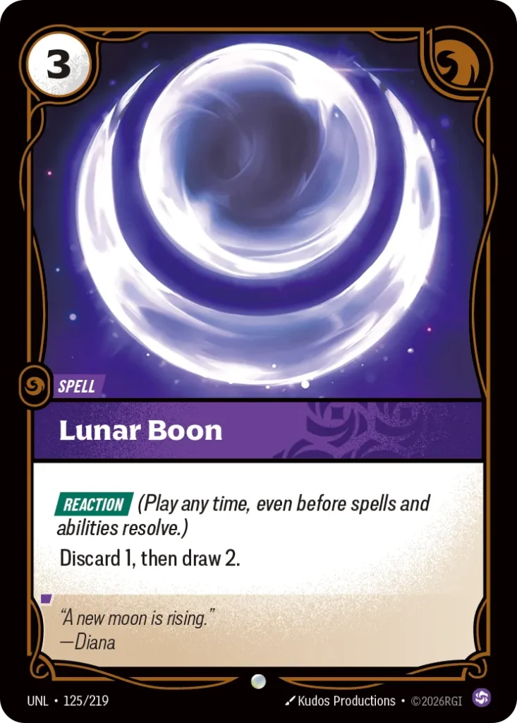 Karta Riftbound: Lunar Boon — Spell, kolor Chaos, dodatek Unleashed. Ilustracja: Kudos Productions. Opis karty: Reaction (Play any time, even before spells and abilities resolve.)Discard 1, then draw 2.