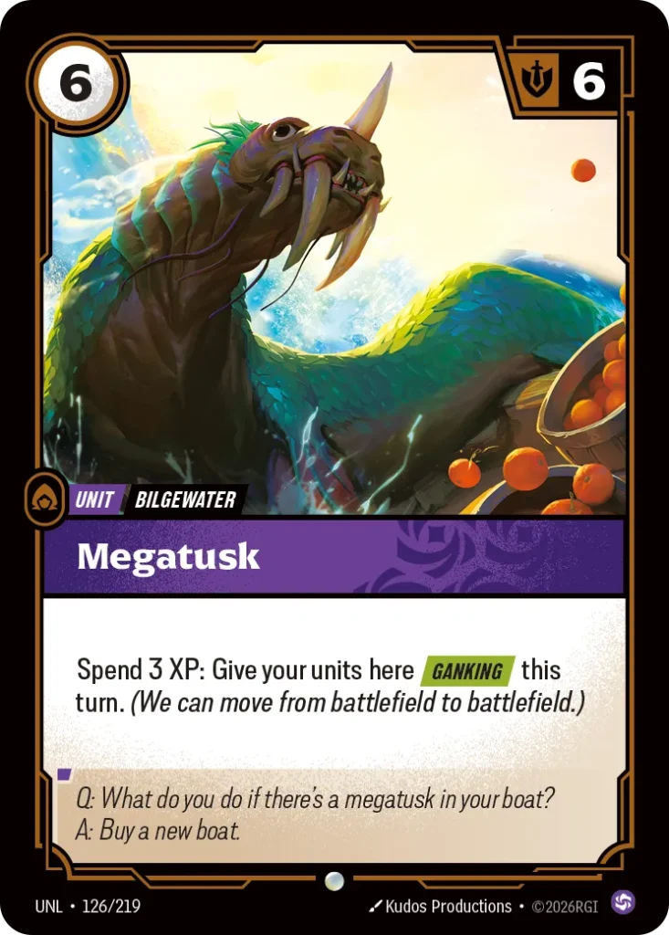 Karta Riftbound: Megatusk — Unit, kolor Chaos, dodatek Unleashed. Ilustracja: Kudos Productions. Opis karty: Spend 3 XP: Give your units here Ganking this turn. (We can move from battlefield to battlefield.)