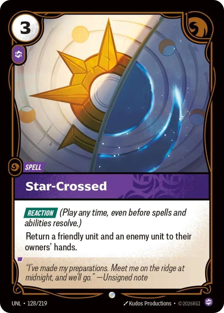 Karta Riftbound: Star-Crossed — Spell, kolor Chaos, dodatek Unleashed. Ilustracja: Kudos Productions. Opis karty: Reaction (Play any time, even before spells and abilities resolve.)Return a friendly unit and an enemy unit to their owners' h