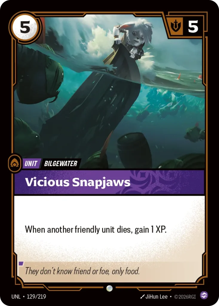 Karta Riftbound: Vicious Snapjaws — Unit, kolor Chaos, dodatek Unleashed. Ilustracja: JiHun Lee. Opis karty: When another friendly unit dies, gain 1 XP.