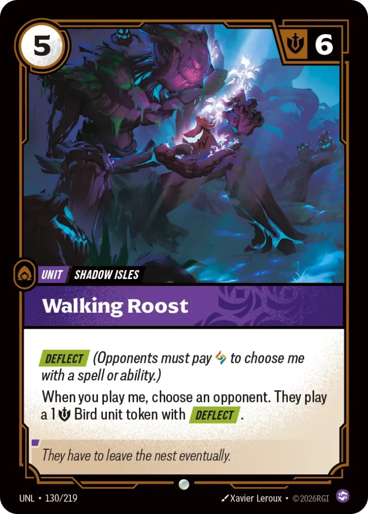 Karta Riftbound: Walking Roost — Unit, kolor Chaos, dodatek Unleashed. Ilustracja: Xavier Leroux. Opis karty: Deflect (Opponents must pay to choose me with a spell or ability.)When you play me, choose an opponent. They play a 1 💪 Bird unit 