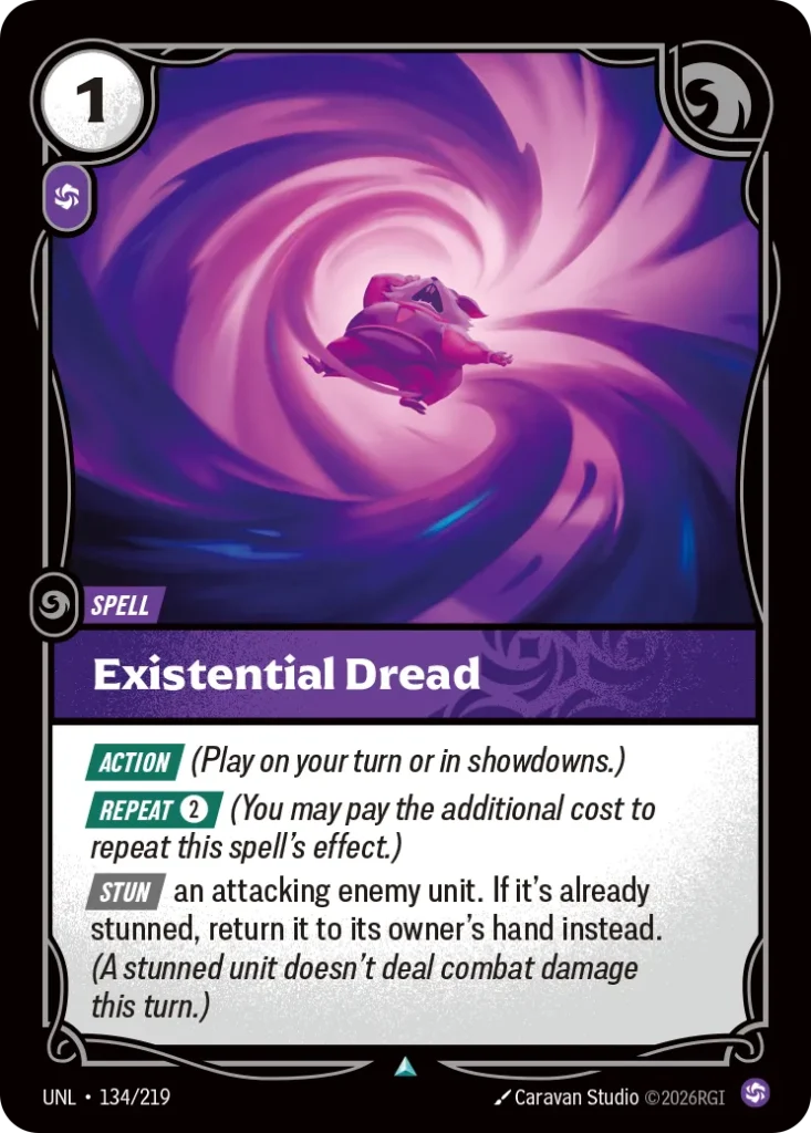 Karta Riftbound: Existential Dread — Spell, kolor Chaos, dodatek Unleashed. Ilustracja: Caravan Studio. Opis karty: Action (Play on your turn or in showdowns.) Repeat 2⚡ (You may pay the additional cost to repeat this spell's effect.) Stun 