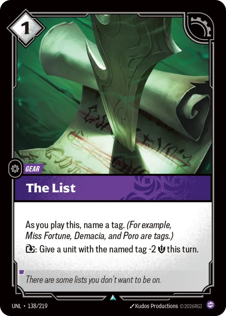 Karta Riftbound: The List — Gear, kolor Chaos, dodatek Unleashed. Ilustracja: Kudos Productions. Opis karty: As you play this, name a tag. (For example, Miss Fortune, Demacia, and Poro are tags.): Give a unit with the named tag -2 💪 this tu