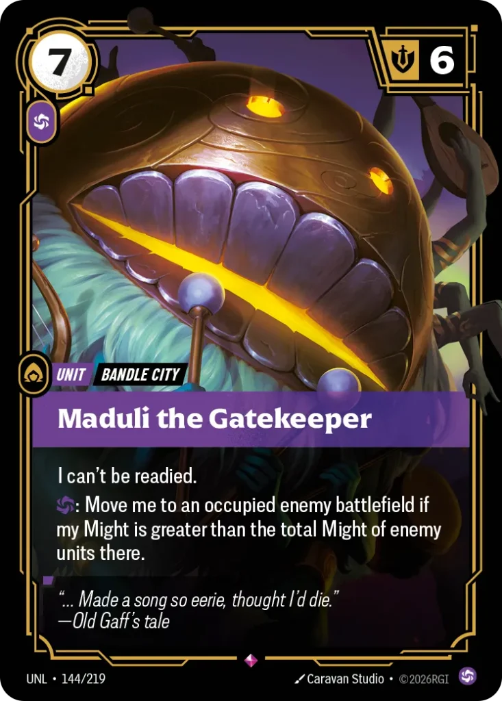 Karta Riftbound: Maduli the Gatekeeper — Unit, kolor Chaos, dodatek Unleashed. Ilustracja: Caravan Studio. Opis karty: I can't be readied.: Move me to an occupied enemy battlefield if my Might is greater than the total Might of enemy units 