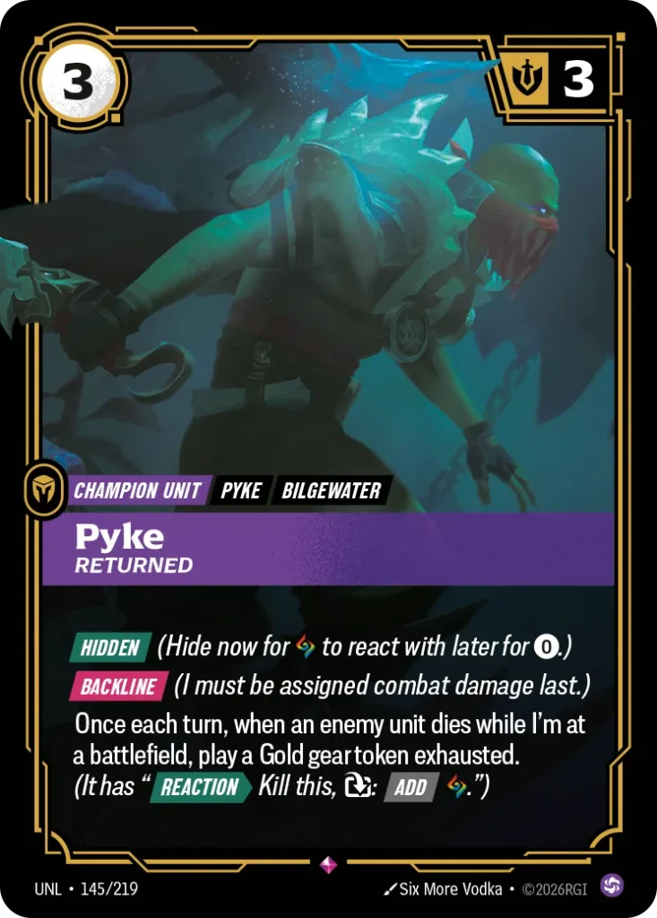 Karta Riftbound: Pyke - Returned — Unit, kolor Chaos, dodatek Unleashed. Ilustracja: Six More Vodka. Opis karty: Hidden (Hide now for to react with later for 0⚡.) Backline (I must be assigned combat damage last.)Once each turn, when an enem