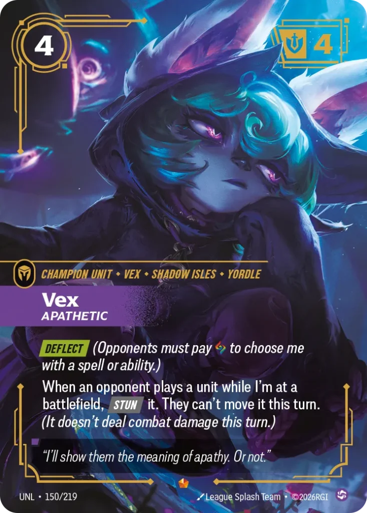 Karta Riftbound: Vex - Apathetic — Unit, kolor Chaos, dodatek Unleashed. Ilustracja: League Splash Team. Opis karty: Deflect (Opponents must pay to choose me with a spell or ability.)When an opponent plays a unit while I'm at a battlefield,