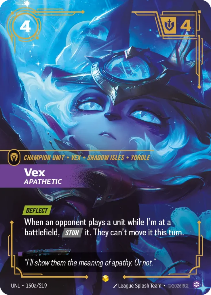 Karta Riftbound: Vex - Apathetic (Alternate Art) — Unit, kolor Chaos, dodatek Unleashed. Ilustracja: League Splash Team. Opis karty: Deflect When an opponent plays a unit while I'm at a battlefield, Stun it. They can't move it this turn.