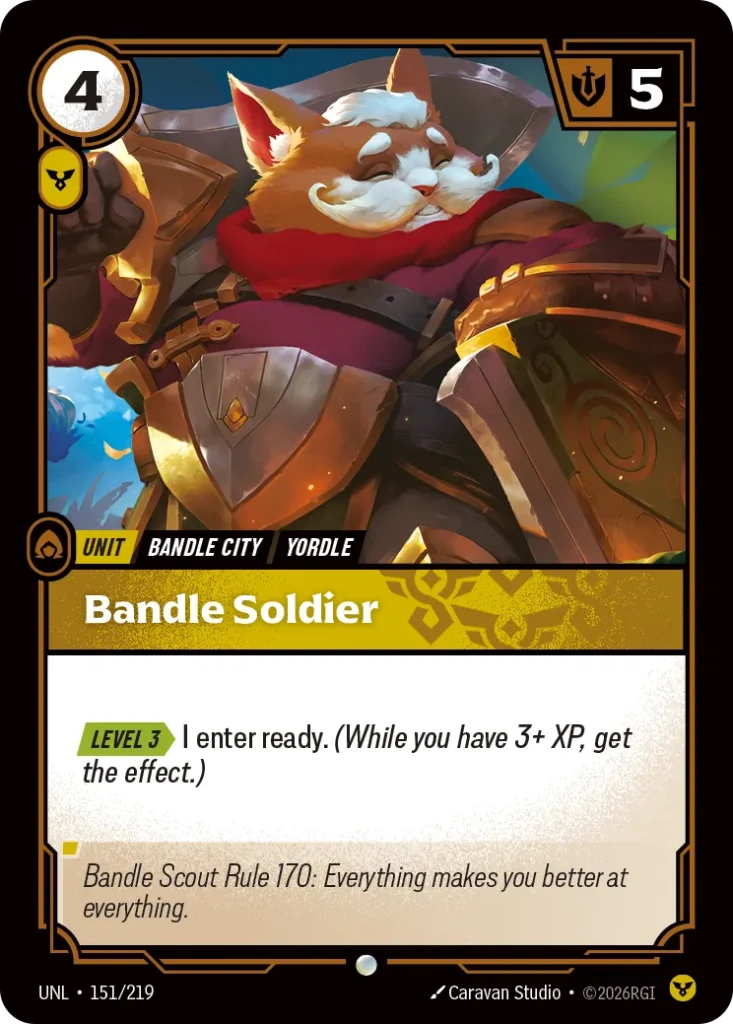 Karta Riftbound: Bandle Soldier — Unit, kolor Order, dodatek Unleashed. Ilustracja: Caravan Studio. Opis karty: Level 3 > I enter ready. (While you have 3+ XP, get the effect.)