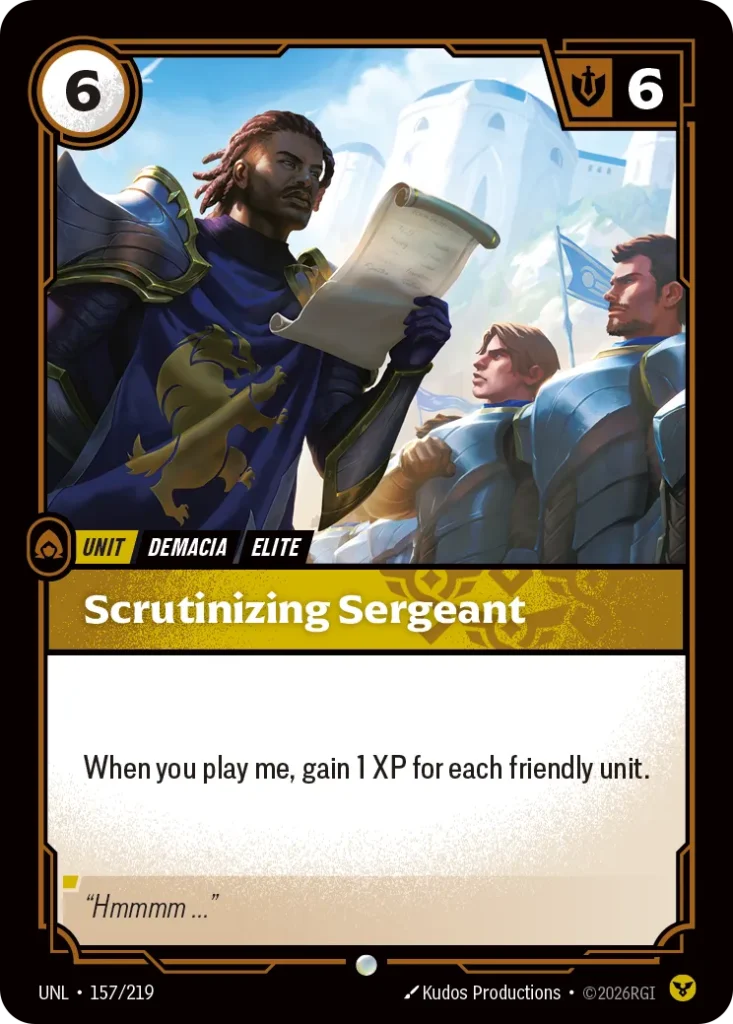 Karta Riftbound: Scrutinizing Sergeant — Unit, kolor Order, dodatek Unleashed. Ilustracja: Kudos Productions. Opis karty: When you play me, gain 1 XP for each friendly unit.