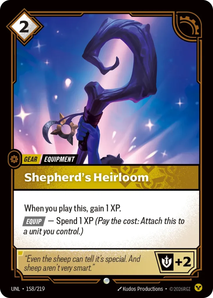 Karta Riftbound: Shepherd's Heirloom — Gear, kolor Order, dodatek Unleashed. Ilustracja: Kudos Productions. Opis karty: When you play this, gain 1 XP. Equip — Spend 1 XP (Pay the cost: Attach this to a unit you control.)