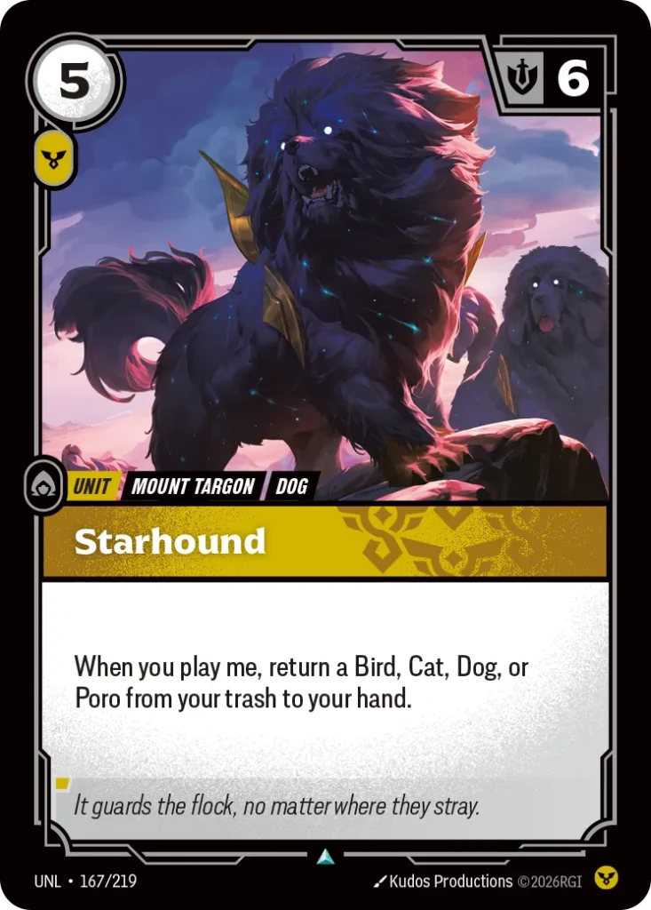 Karta Riftbound: Starhound — Unit, kolor Order, dodatek Unleashed. Ilustracja: Kudos Productions. Opis karty: When you play me, return a Bird, Cat, Dog, or Poro from your trash to your hand.