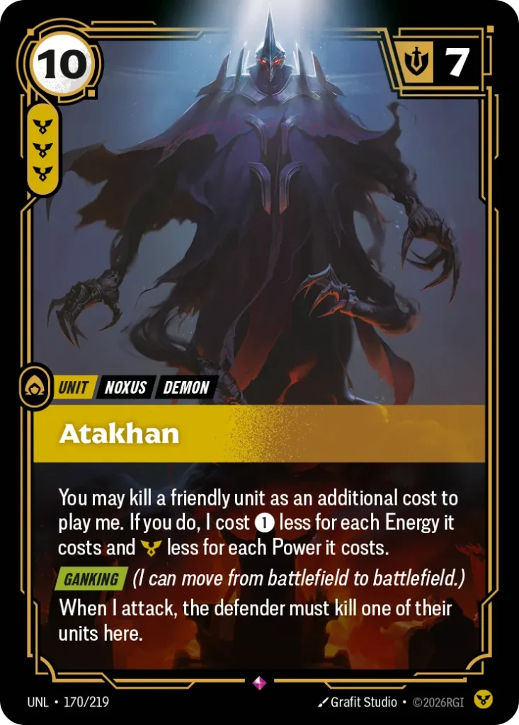 Karta Riftbound: Atakhan — Unit, kolor Order, dodatek Unleashed. Ilustracja: Grafit Studio. Opis karty: You may kill a friendly unit as an additional cost to play me. If you do, I cost 1⚡ less for each Energy it costs and less for each Powe