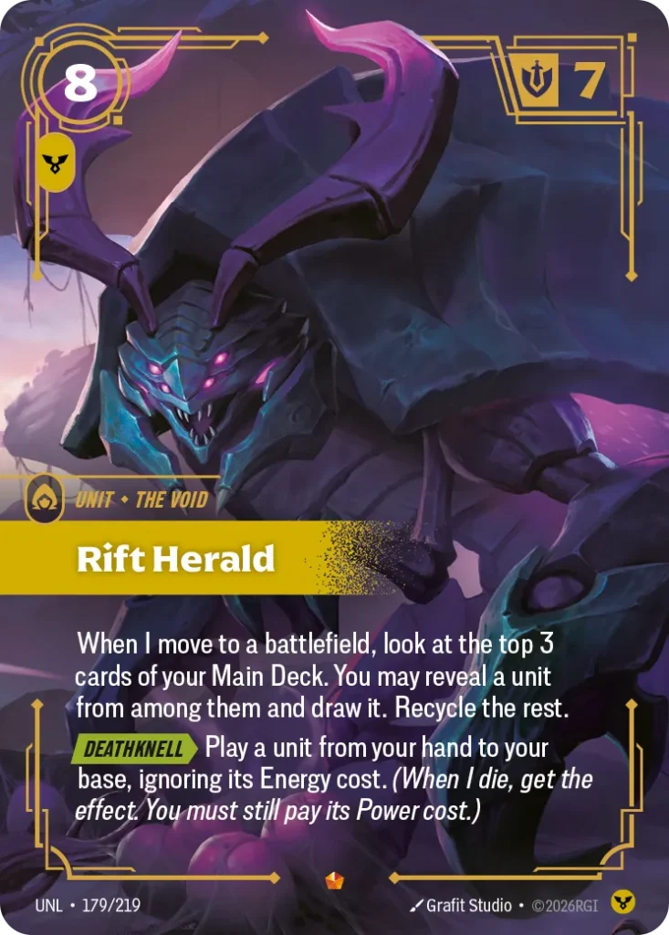 Karta Riftbound: Rift Herald — Unit, kolor Order, dodatek Unleashed. Ilustracja: Grafit Studio. Opis karty: When I move to a battlefield, look at the top 3 cards of your Main Deck. You may reveal a unit from among them and draw it. Recycle 