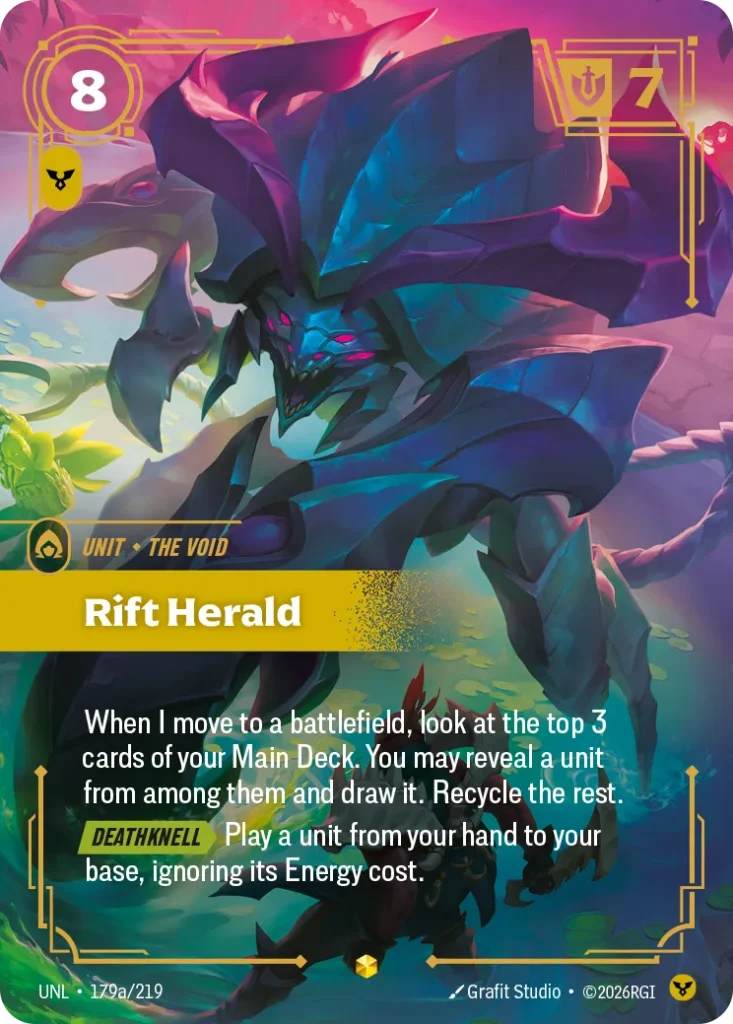 Karta Riftbound: Rift Herald (Alternate Art) — Unit, kolor Order, dodatek Unleashed. Ilustracja: Grafit Studio. Opis karty: When I move to a battlefield, look at the top 3 cards of your Main Deck. You may reveal a unit from among them and d