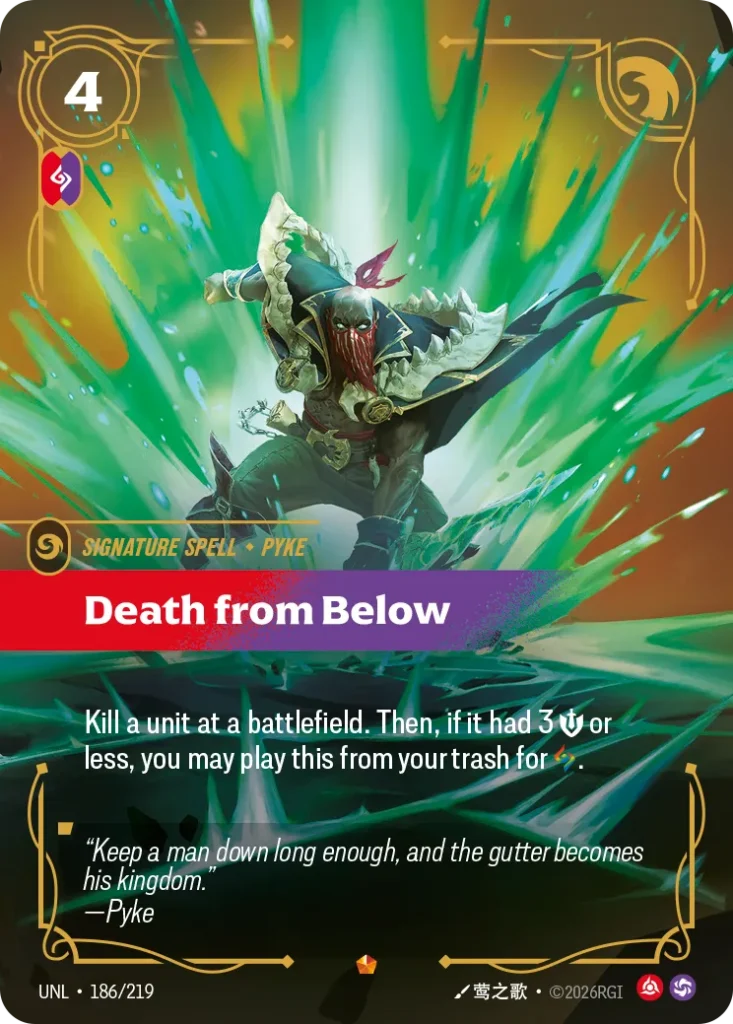 Karta Riftbound: Death from Below — Spell, kolor Fury/Chaos, dodatek Unleashed. Ilustracja: 莺之歌. Opis karty: Kill a unit at a battlefield. Then, if it had 3 💪 or less, you may play this from your trash for .